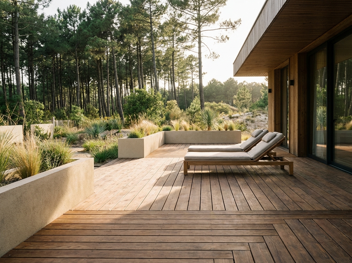 Deck en Thermopin avec bardage assorti à Soorts-Hossegor