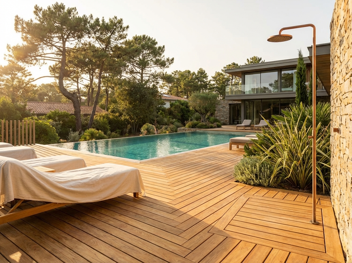 Terrasse teck de Birmanie 110 m² villa Art Déco Hossegor